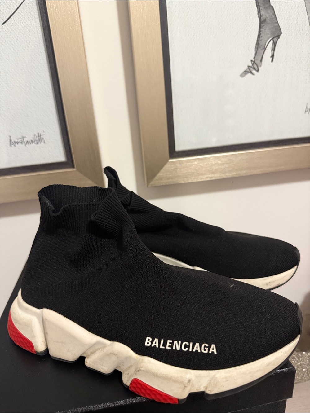 Balenciaga Black Knit Sock Sneakers with White Sole and Red Accents